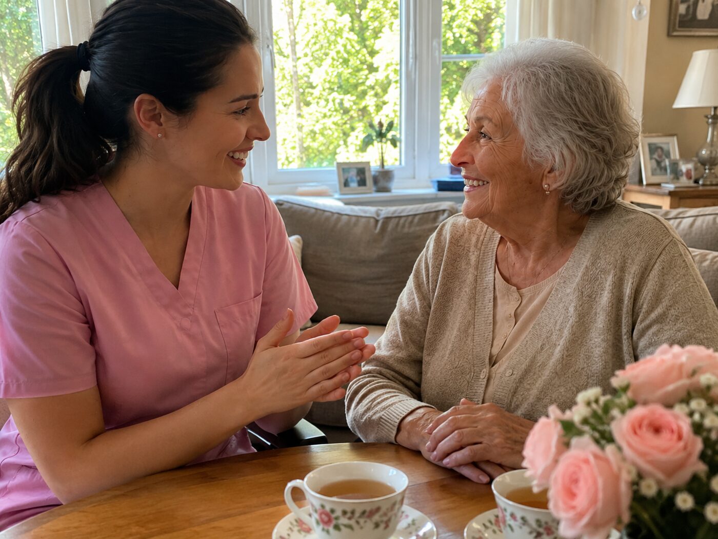 Caregiver chatting warmly with an elderly client over tea