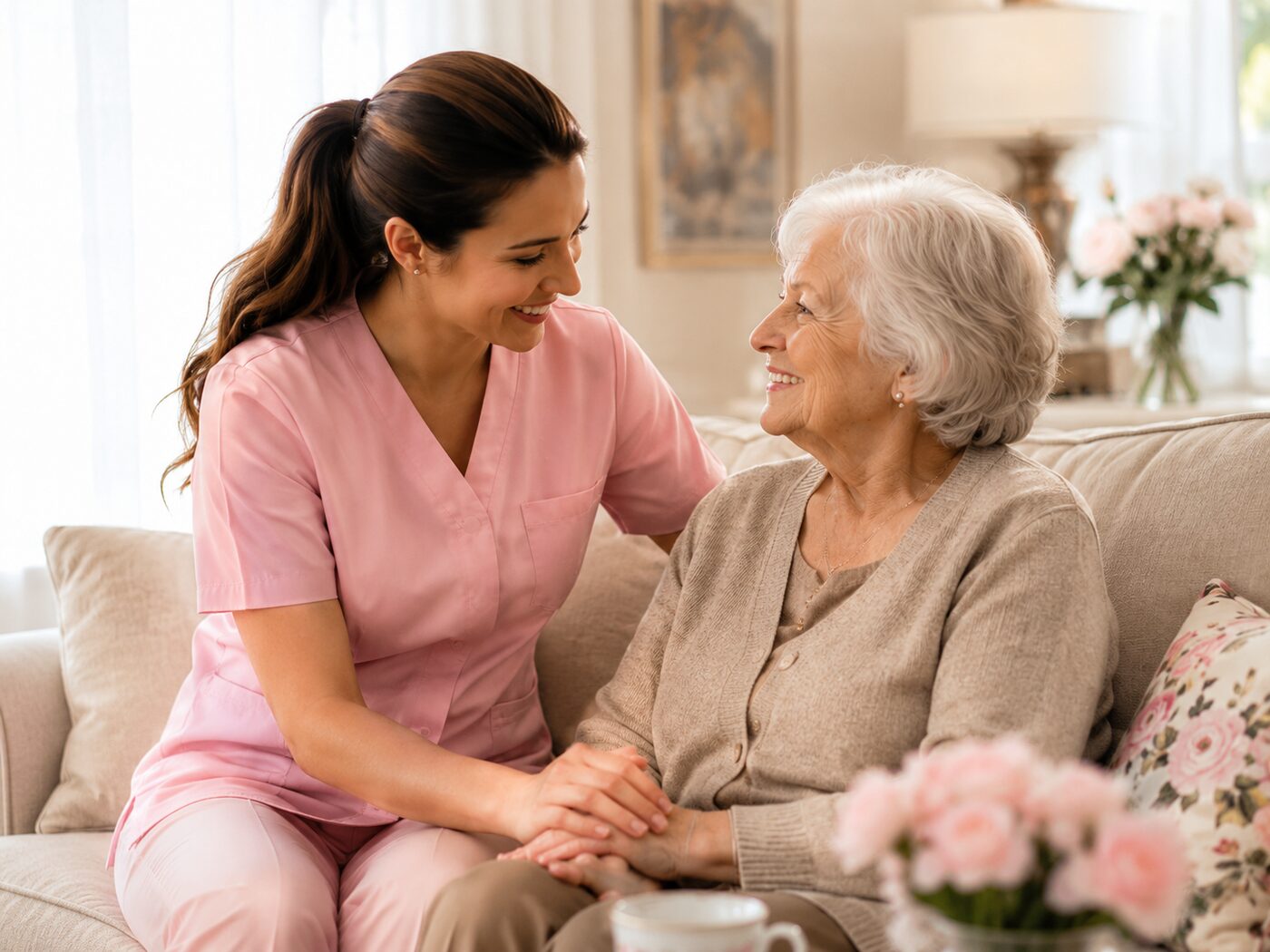 Compassionate caregiver holding hands with an elderly woman in her home